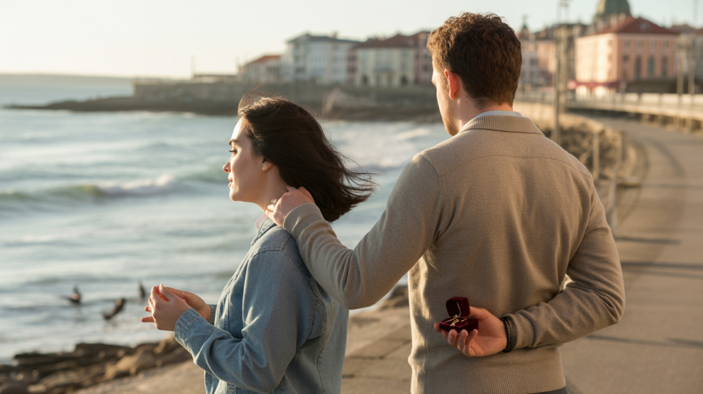 Scène réaliste d’un couple en bord de mer au coucher du soleil, l’homme cachant discrètement une boîte à bague derrière son dos.