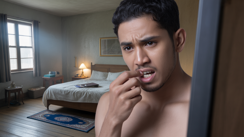 Homme musulman réaliste, inquiet devant un miroir au réveil, touchant ses dents après un rêve troublant, dans une chambre authentique éclairée par la lumière du matin.