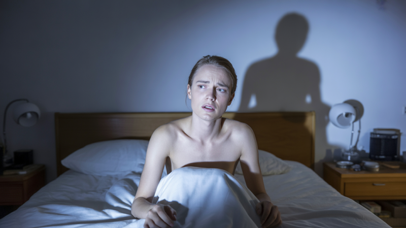 Personne réaliste au réveil dans une chambre authentique avec une ombre inquiétante sur le mur évoquant un rêve de possession.