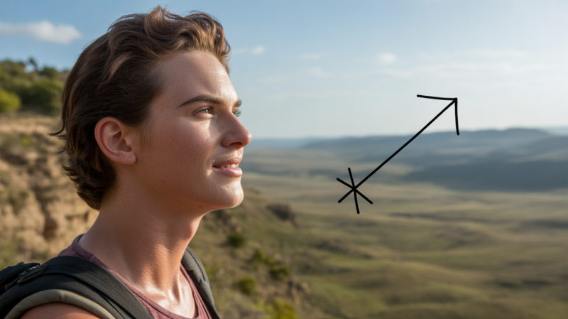 Voyageur réaliste debout sur une falaise baignée de soleil, contemplant un vaste paysage naturel évoquant l’aventure et la liberté du Sagittaire.