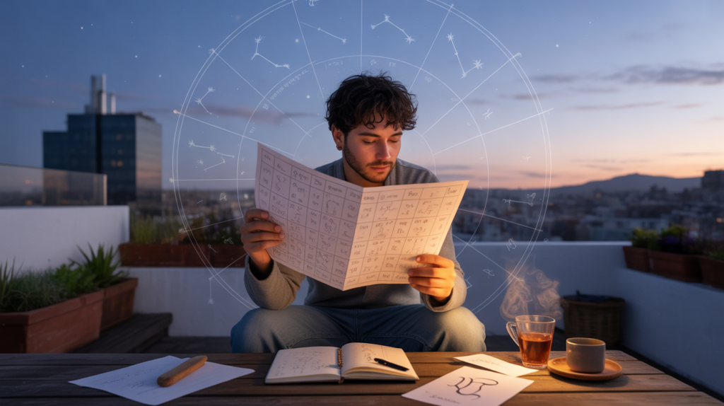 Personne réaliste sur une terrasse au crépuscule étudiant une carte astrologique avec un ciel réel montrant discrètement des constellations du zodiaque.