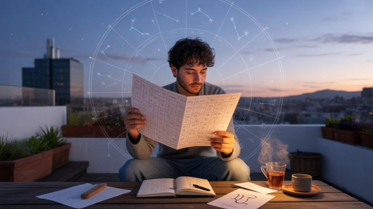 Personne réaliste sur une terrasse au crépuscule étudiant une carte astrologique avec un ciel réel montrant discrètement des constellations du zodiaque.