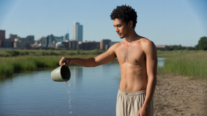 Personne réaliste près d’une rivière à l’aube versant de l’eau, scène naturelle symbolisant l’originalité, l’humanisme et l’indépendance du signe du Verseau.