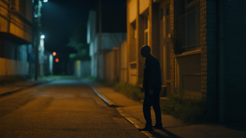 Scène nocturne réaliste montrant une silhouette noire mystérieuse debout sous un lampadaire dans une rue résidentielle calme.