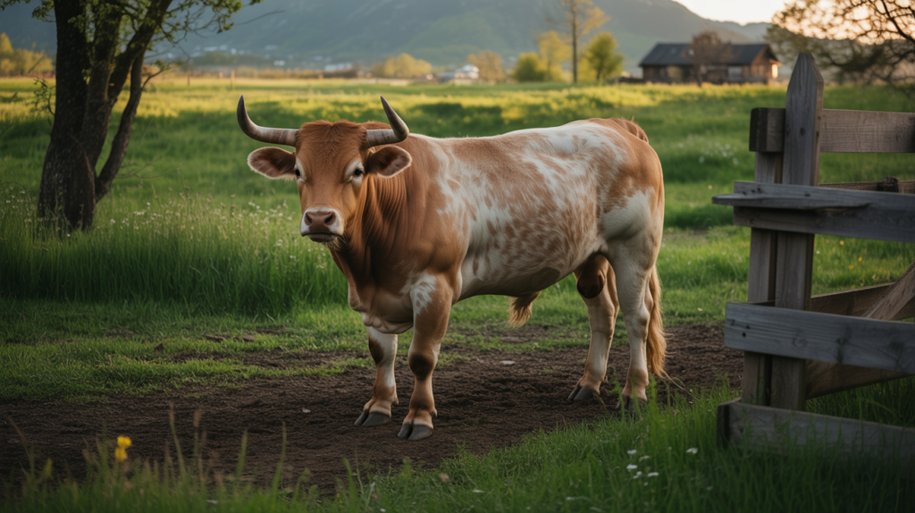 Scène réaliste d’un taureau calme dans une prairie printanière au coucher du soleil, avec un décor naturel et authentique.