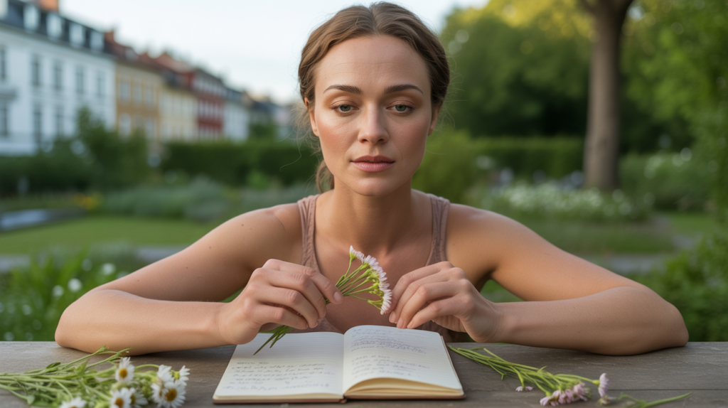 Femme réaliste assise dans un jardin au coucher du soleil, organisant des fleurs et des notes, représentant subtilement les traits du signe de la Vierge.