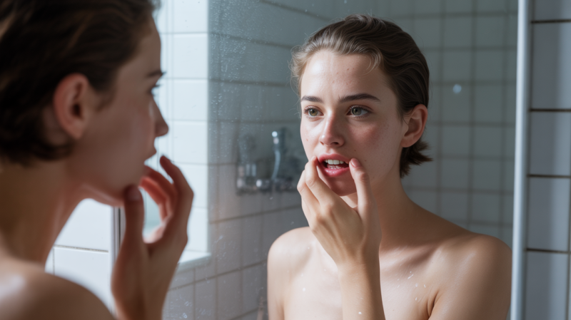 Personne réaliste se regardant dans un miroir au petit matin, touchant une dent cassée avec une expression de vulnérabilité et de fragilité intérieure.