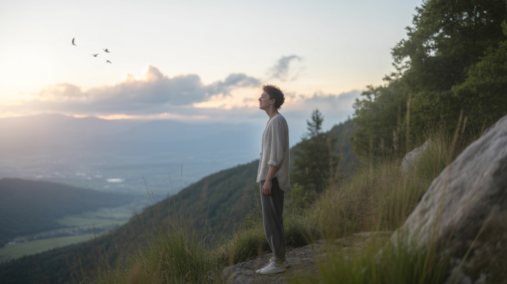 Personne debout au lever du soleil sur une montagne, baignée de lumière dorée, avec un paysage réaliste de vallées et de forêts, évoquant l’alignement intérieur et la synchronicité.
