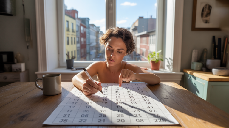 Personne réaliste calculant son année personnelle en numérologie pour 2026 dans un appartement lumineux avec une vue urbaine authentique.