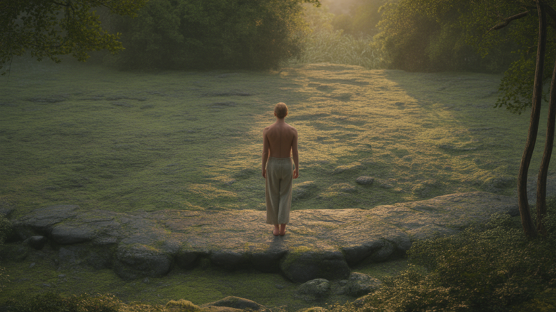 Scène réaliste d’une personne contemplative sur un ancien chemin de pierre dans une forêt au lever du soleil, évoquant l’éveil intérieur et la sagesse.