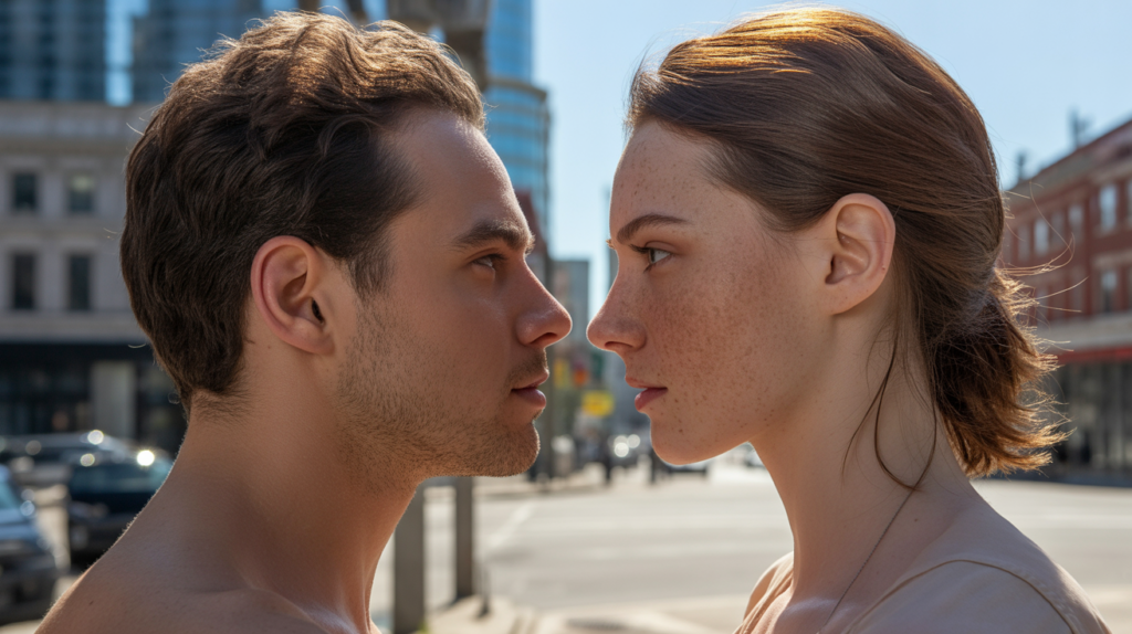 Deux personnes se faisant face en pleine ville au coucher du soleil, échangeant un regard profond et intense symbolisant une connexion d’âmes authentique et naturelle.