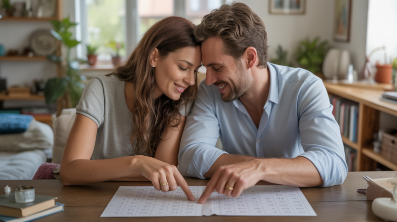 Couple réaliste étudiant des notes de numérologie dans un appartement lumineux, exprimant connexion et harmonie.