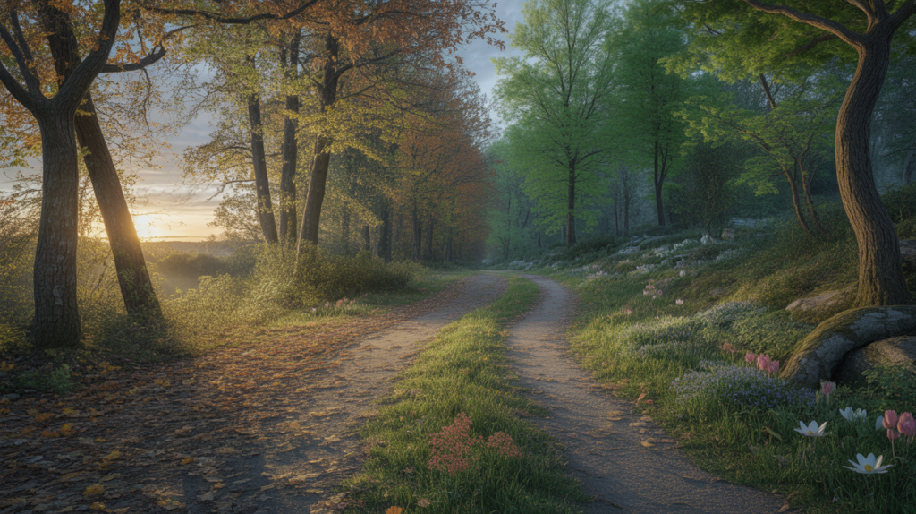 Paysage naturel réaliste illustrant une transition entre fin de cycle et renouveau, avec un lever de soleil et un chemin entre automne et printemps.
