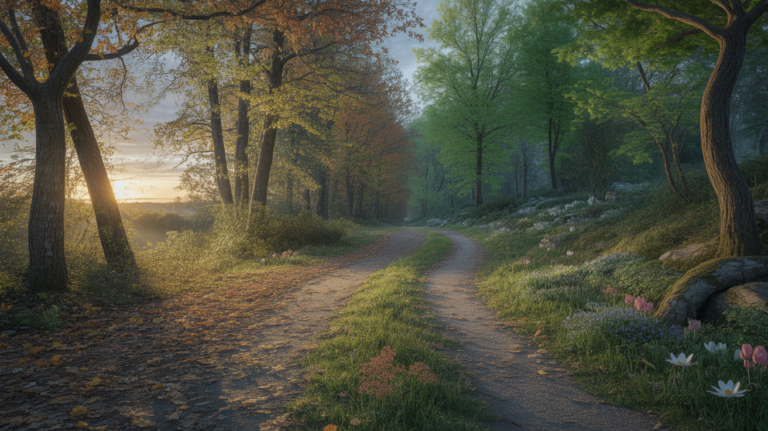 Paysage naturel réaliste illustrant une transition entre fin de cycle et renouveau, avec un lever de soleil et un chemin entre automne et printemps.