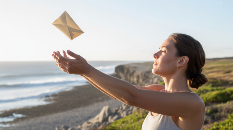 Femme sur une falaise au lever du soleil libérant une lettre au vent, symbolisant la libération d’une obsession de flamme jumelle.