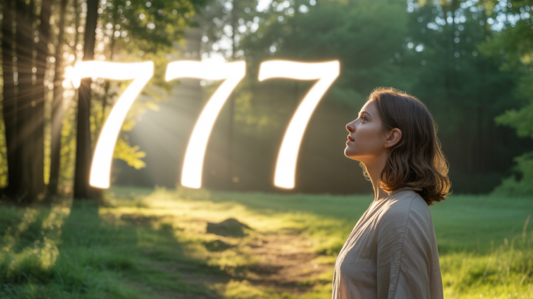 Scène réaliste en forêt au coucher du soleil, où une personne observe un motif naturel évoquant le nombre 777 dans la lumière, symbolisant chance et bénédictions.