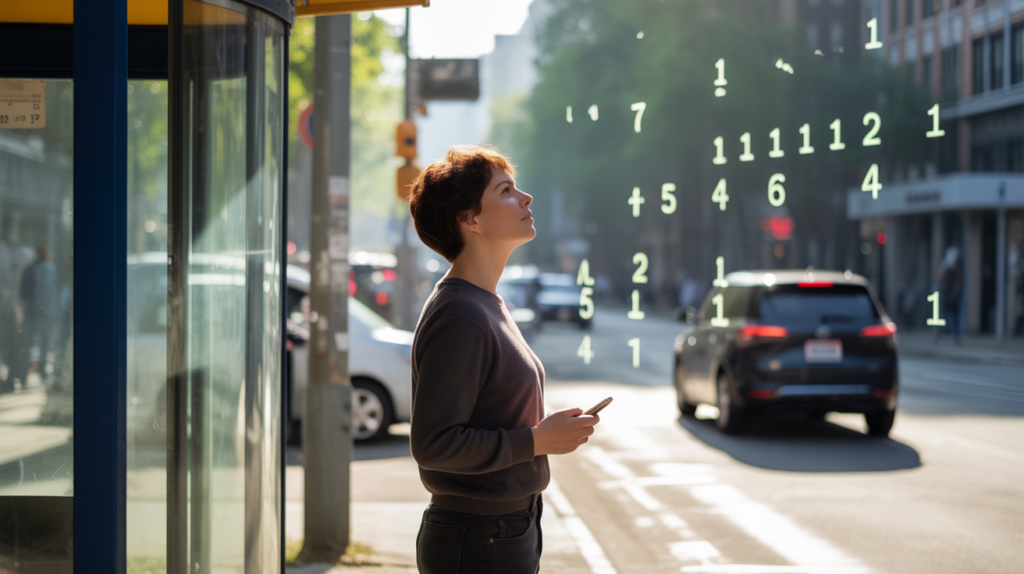 Scène réaliste d une personne observant des nombres répétés dans un décor urbain naturel au lever du soleil