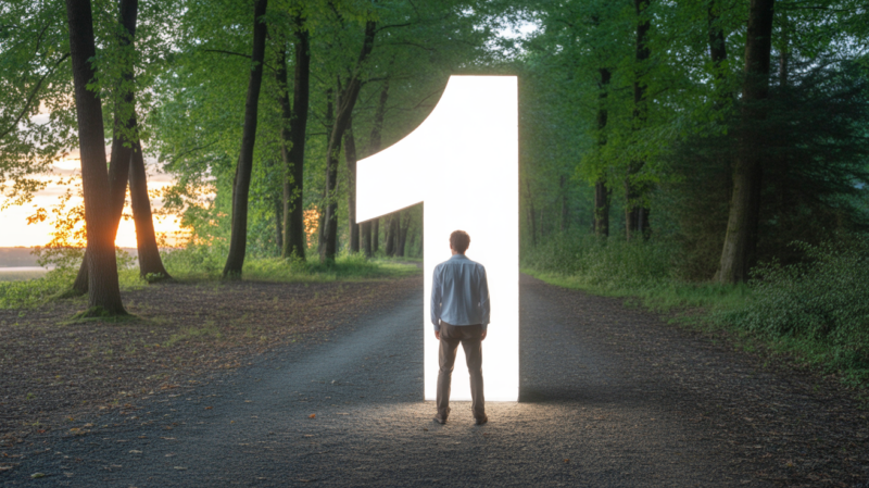 Personne seule au lever du soleil au début d’un chemin forestier symbolisant un nouveau départ et le leadership.