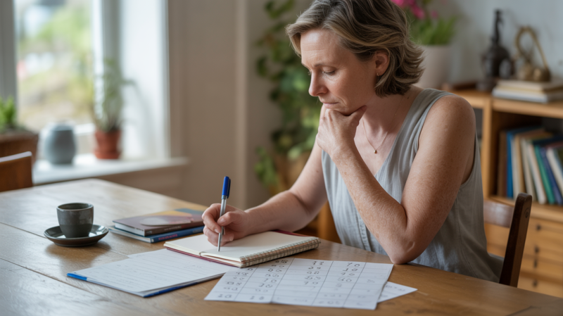 Scène réaliste d’une personne calculant des nombres en numérologie près d’une fenêtre ensoleillée, dans un intérieur chaleureux et authentique.