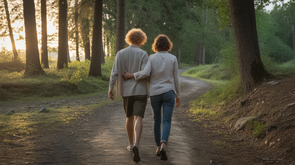 Deux personnes marchant sur un chemin forestier réaliste au lever du soleil, représentant avec naturel les étapes d’un parcours émotionnel.