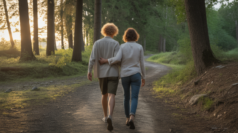 Deux personnes marchant sur un chemin forestier réaliste au lever du soleil, représentant avec naturel les étapes d’un parcours émotionnel.