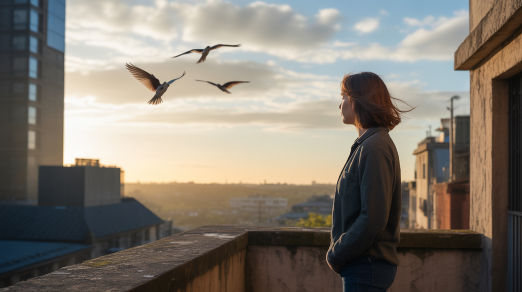 Personne réaliste sur un toit urbain au lever du soleil observant un ciel lumineux avec trois oiseaux alignés symbolisant une protection angélique naturelle.