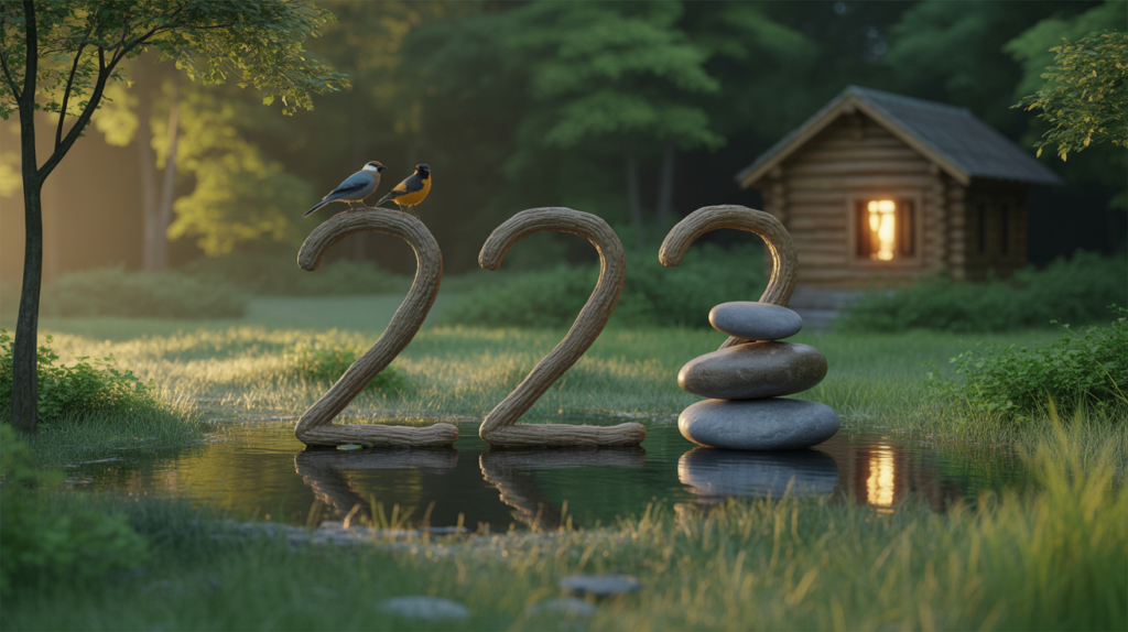Scène naturelle réaliste à l’aube illustrant l’équilibre et l’harmonie avec un lac calme, une clairière et des éléments rappelant subtilement le chiffre 222.