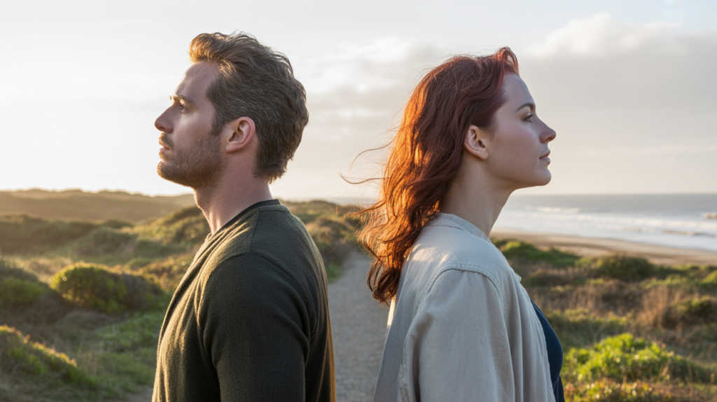 Deux personnes sur un sentier côtier au lever du soleil, séparées mais contemplatives, symbolisant la phase de séparation des flammes jumelles.