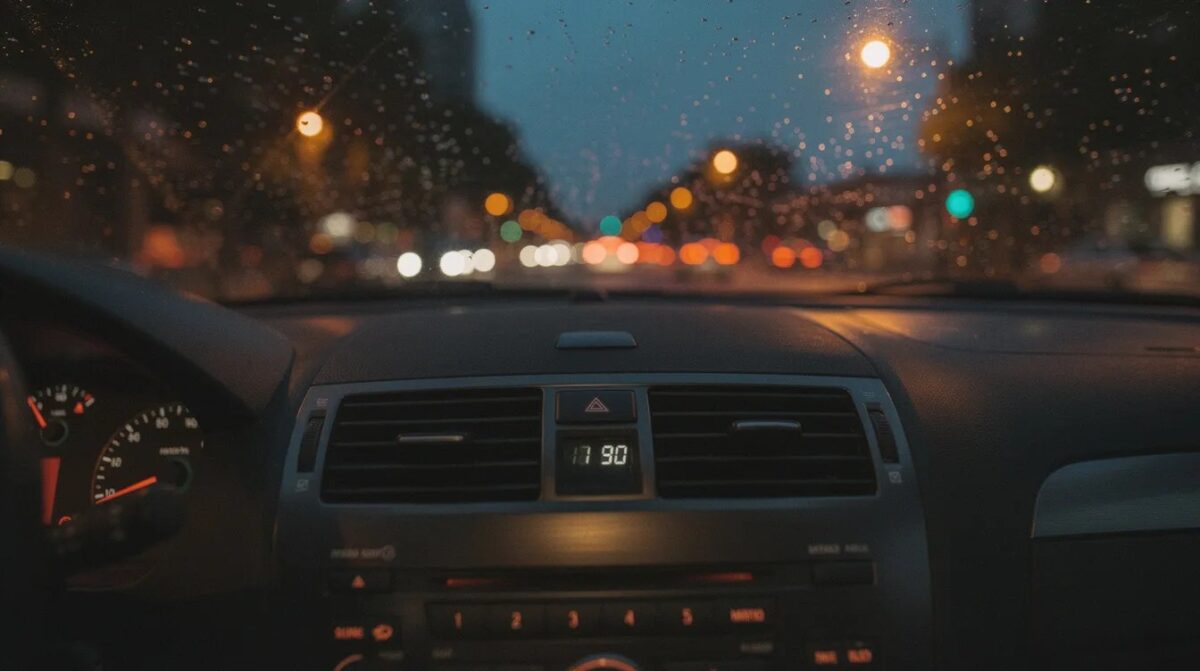 L'horloge du tableau de bord d'une voiture au crépuscule — 03h33, heure triple