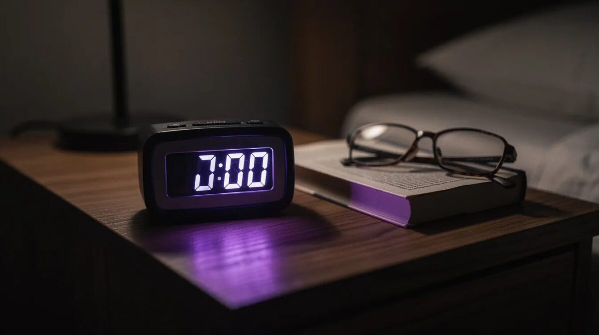 Un réveil numérique allumé dans une chambre sombre — 21h21, heure miroir